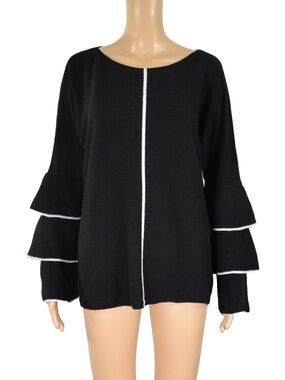 Laurèl Black Cashmere Wool Silk Knit Sweater Tiered Ruffle Sleeves $1,115